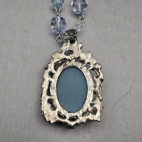 Victorian Revival Blue Cameo Pendant Beaded Necklace 28" Faux Pearls Convertible - Picture 5 of 15